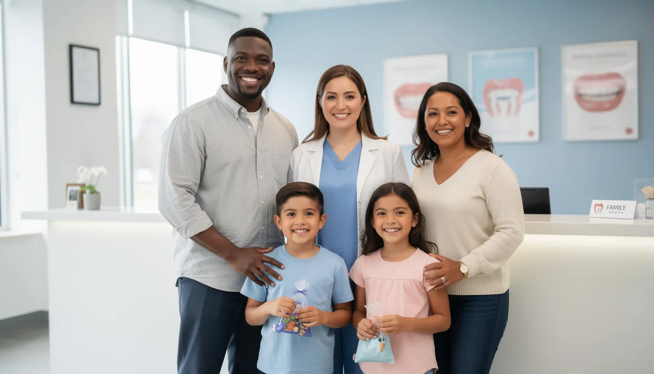 A diverse family is smiling together outside a dental clinic after their visit, showcasing their satisfaction with the dental services received. This moment highlights their commitment to optimal oral health and the supportive environment provided by the dental professionals.