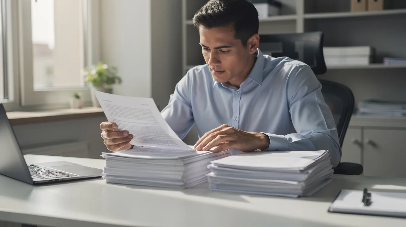 The image shows a person sitting at a desk, intently comparing two stacks of documents side by side, likely assessing their financial situation or loan options. The documents may include information related to 清 數 and various financial terms, indicating a thorough evaluation of their financial status.