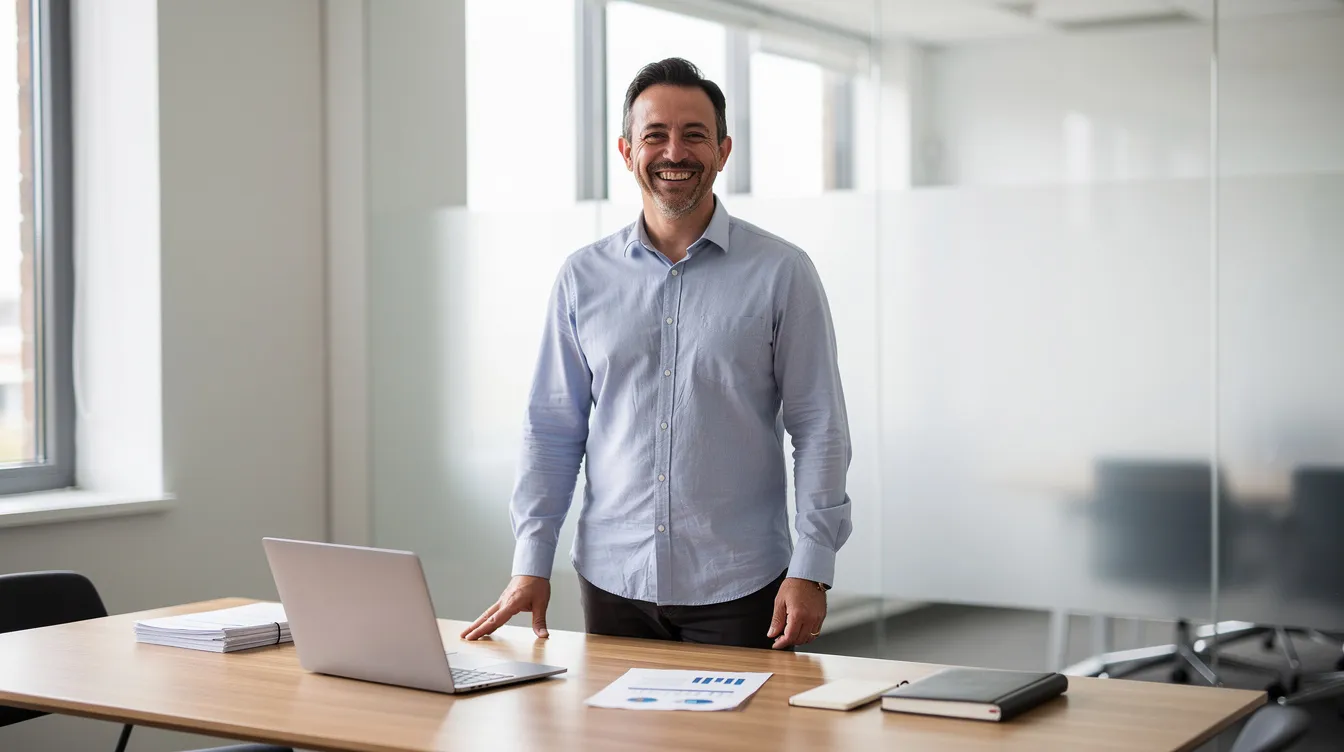 A small business owner is smiling confidently in a modern office, reflecting their achievement in securing funding, which is crucial for their financial success and growth potential. The image captures a moment of joy and determination, emphasizing the importance of cash flow management and efficient financing solutions for small business owners.
