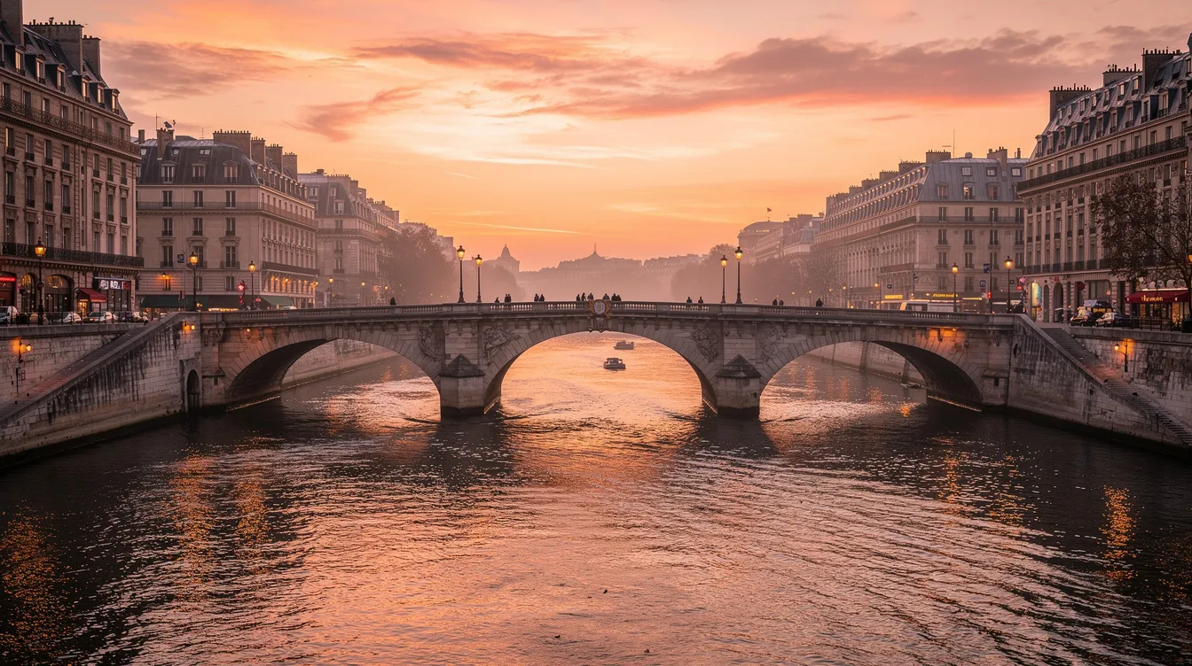 A imagem mostra uma ponte histórica de pedra sobre um rio em uma capital europeia, iluminada pelo suave brilho do entardecer. O cenário evoca a rica história da região, que já fez parte do império austro-húngaro e atualmente é um destino turístico popular na Croácia.