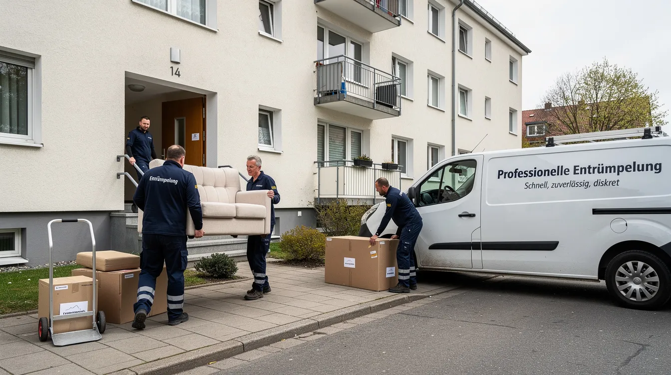 Ein professionelles Entrümpelungsteam trägt Möbel aus einem Mehrfamilienhaus, während sie sich auf die Wohnungsauflösung im Rahmen eines Umzugs ins Pflegeheim vorbereiten. Die Szene zeigt die Herausforderungen, die bei der Räumung von Wohnungen, insbesondere von pflegebedürftigen Personen, auftreten können.
