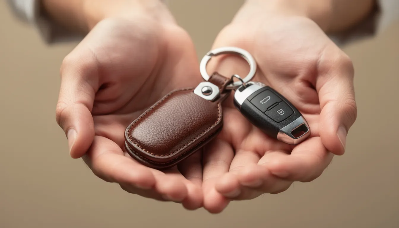 A close-up image shows hands holding a leather keychain with car keys attached, making it a thoughtful gift idea for Valentine's Day or any special occasion. This stylish accessory could be the perfect balance of practicality and sentiment for your loved one.