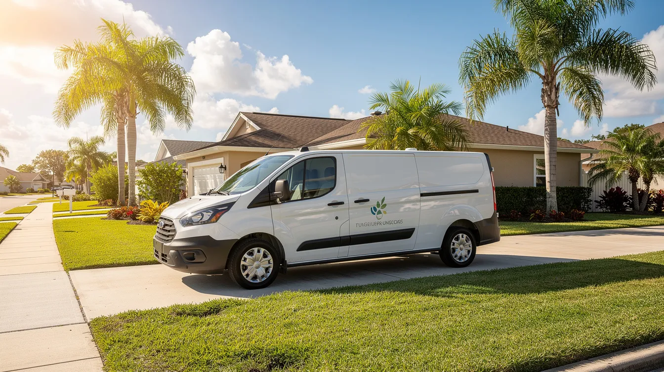 A professional service van is parked in front of a residential home on a sunny Florida street lined with palm trees, showcasing a typical scene of local businesses enhancing their visibility in the community. This image reflects the importance of local SEO strategies for attracting nearby customers and improving rankings in search engines like Google.