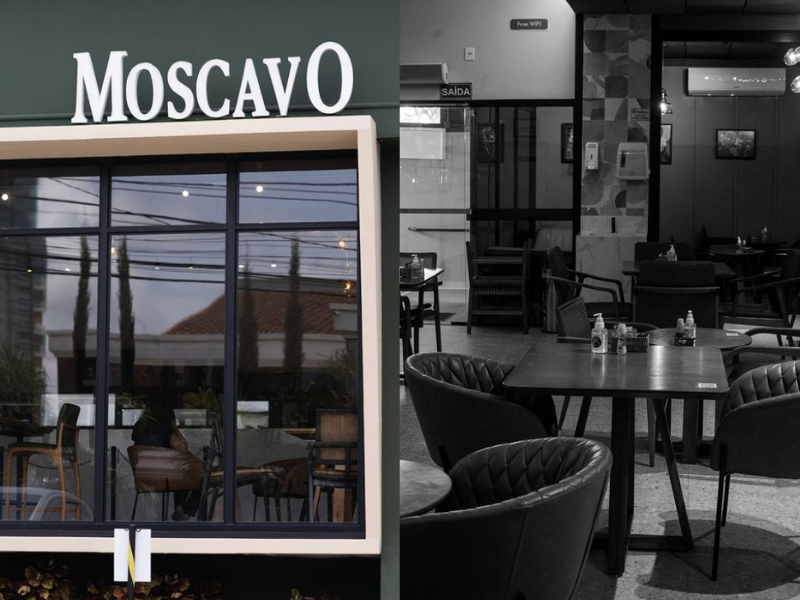 Fachada e ambiente interno da cafeteria Moskavo em Goiânia. Imagens: Reprodução Instagram.