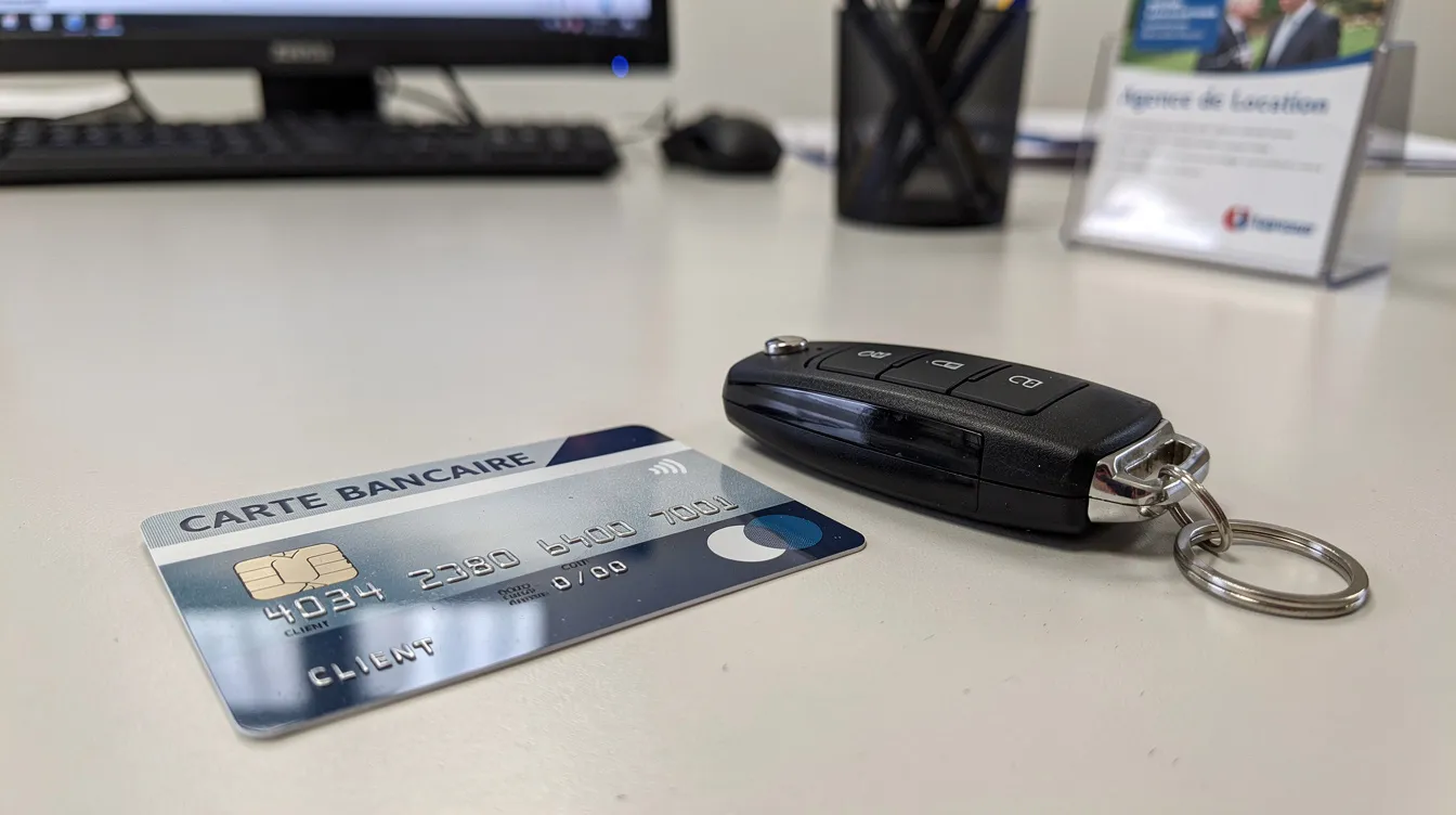 Une carte bancaire est posée à côté de clés de voiture sur un comptoir d'agence, illustrant un moyen de paiement pour la location de véhicule au Maroc. Ce document pourrait être lié à un contrat de location de voiture, essentiel pour le locataire lors de la prise en charge du véhicule.