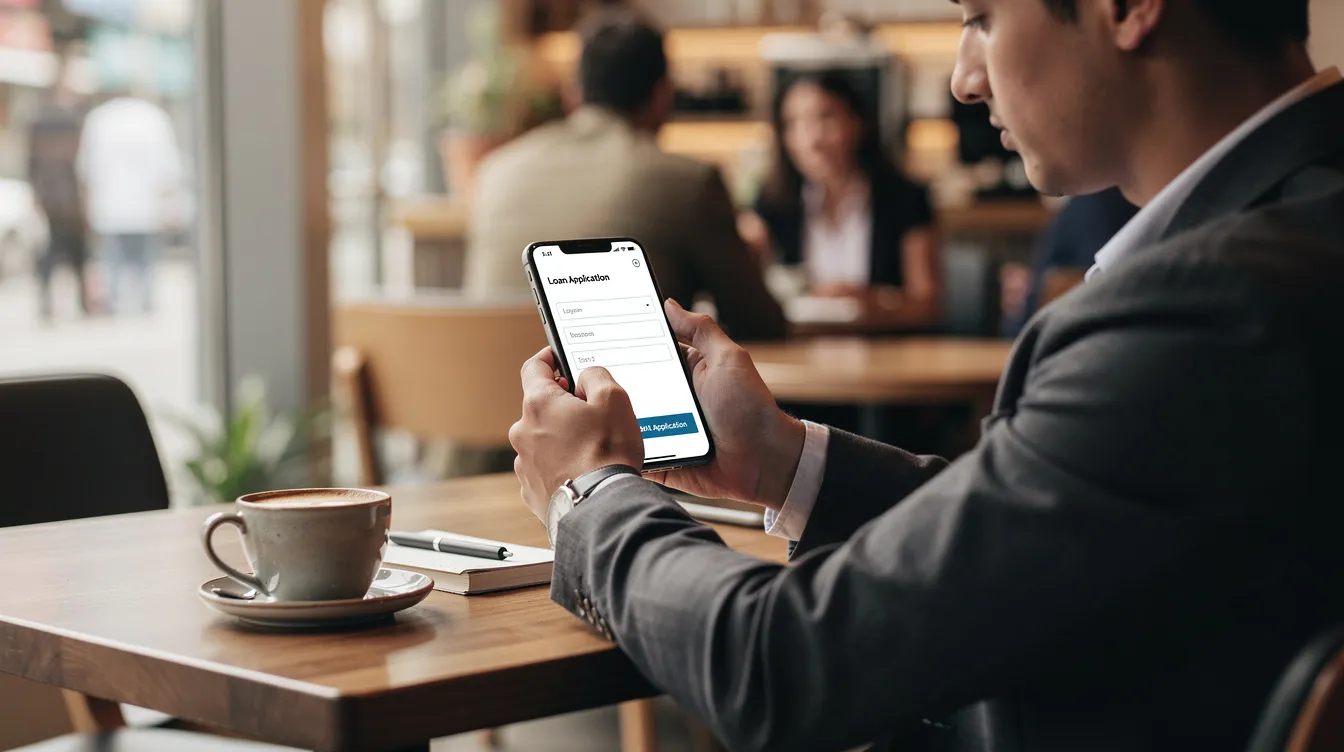 A person is sitting at a cafe, using a smartphone to submit a loan application, possibly for a 清 數 貸款 or other financial service. The scene captures the modern approach to managing personal finances, emphasizing convenience and accessibility.