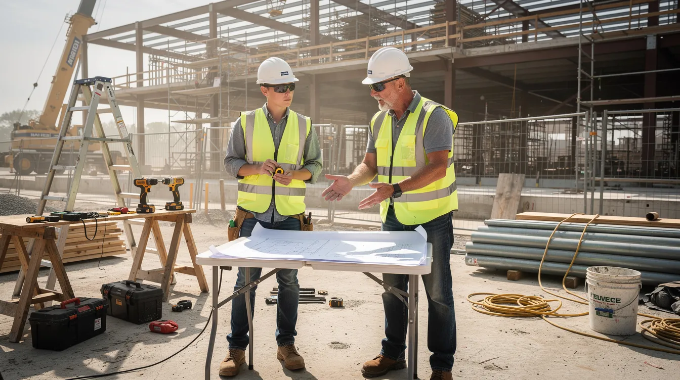 The image depicts a young construction apprentice receiving hands-on experience from an experienced mentor on a bustling commercial job site, surrounded by various tools and equipment essential for construction projects. This scene highlights the importance of training programs in developing skilled workers and enhancing productivity levels within the construction industry.