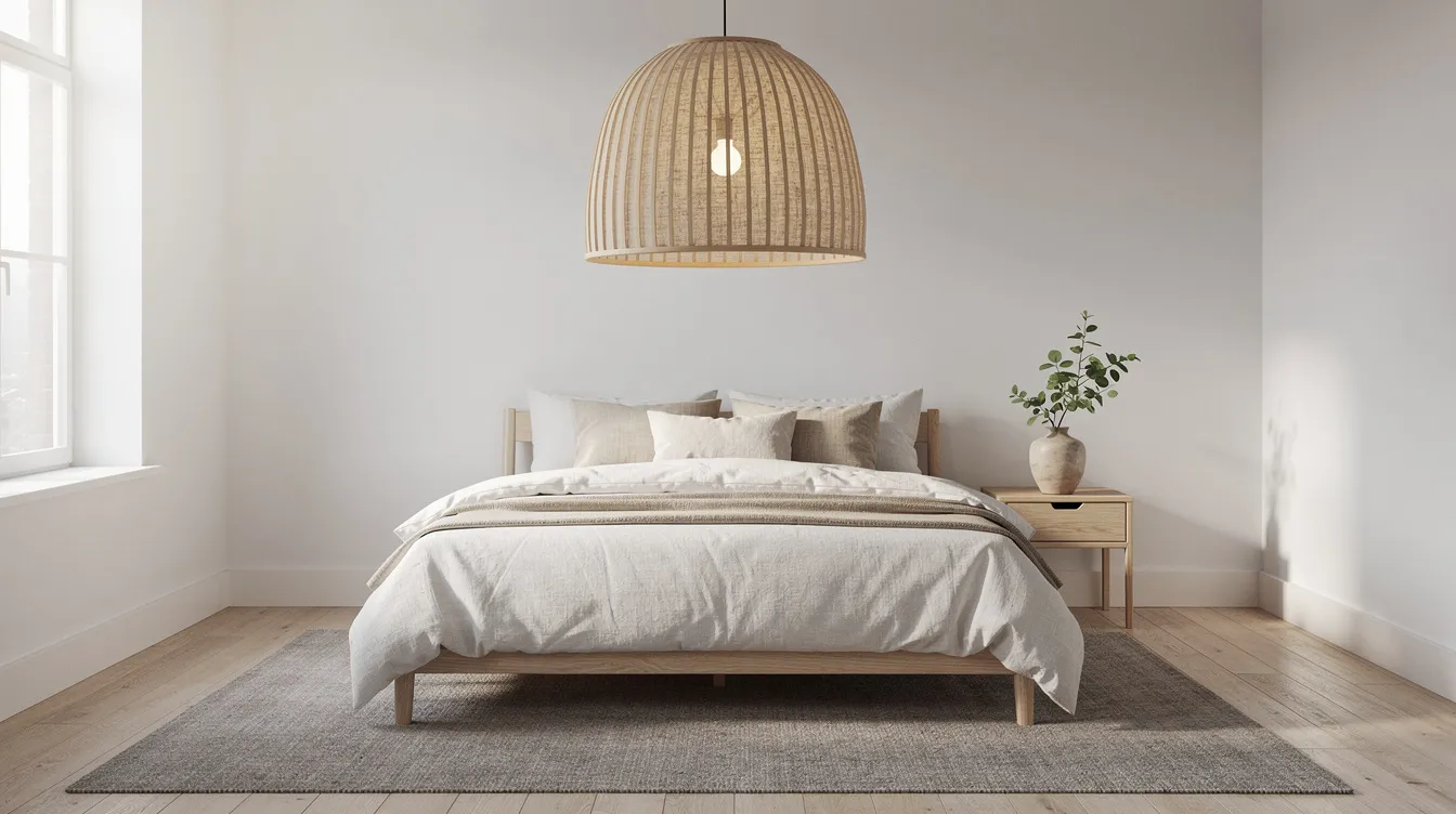 Een sfeervolle slaapkamer met een Scandinavische plafondlamp van hout en linnen stof, die zorgt voor een gezellige sfeer met warm wit licht. De lamp past perfect bij de strakke lijnen van het interieur en biedt voldoende licht voor een comfortabele omgeving.
