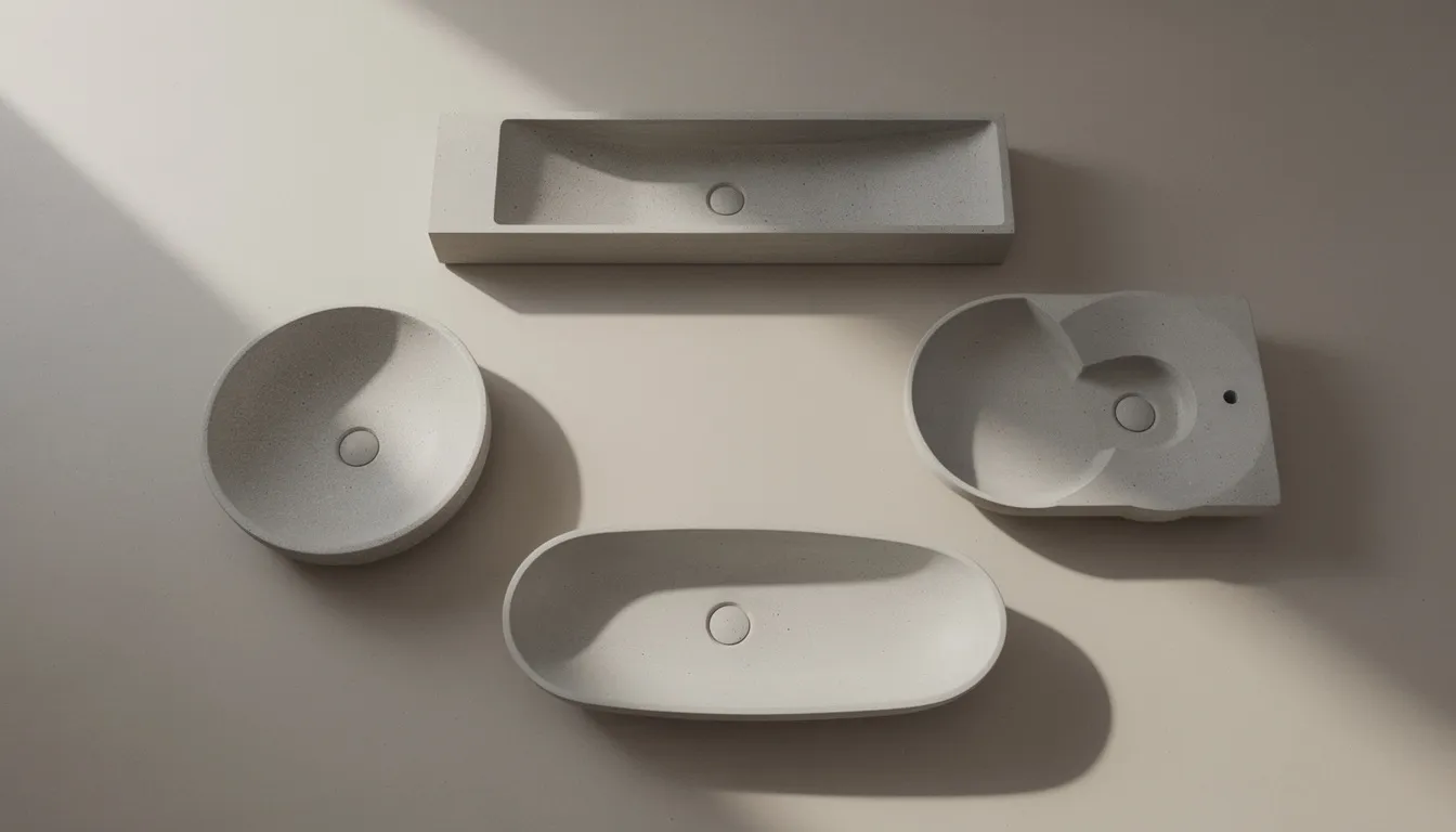 An overhead view showcases several concrete vessel sinks in various shapes, including round, rectangular, and oval, all arranged neatly on a neutral surface. The sinks highlight the natural beauty of concrete, emphasizing their crafted finishes and styles suitable for any bathroom space.