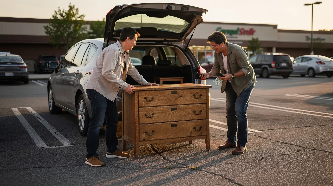 In a parking lot, two people are meeting for a local transaction to exchange a piece of furniture, showcasing the convenience of selling stuff online through platforms like Facebook Marketplace. This casual seller interaction highlights the appeal of local sales without shipping costs or seller fees.