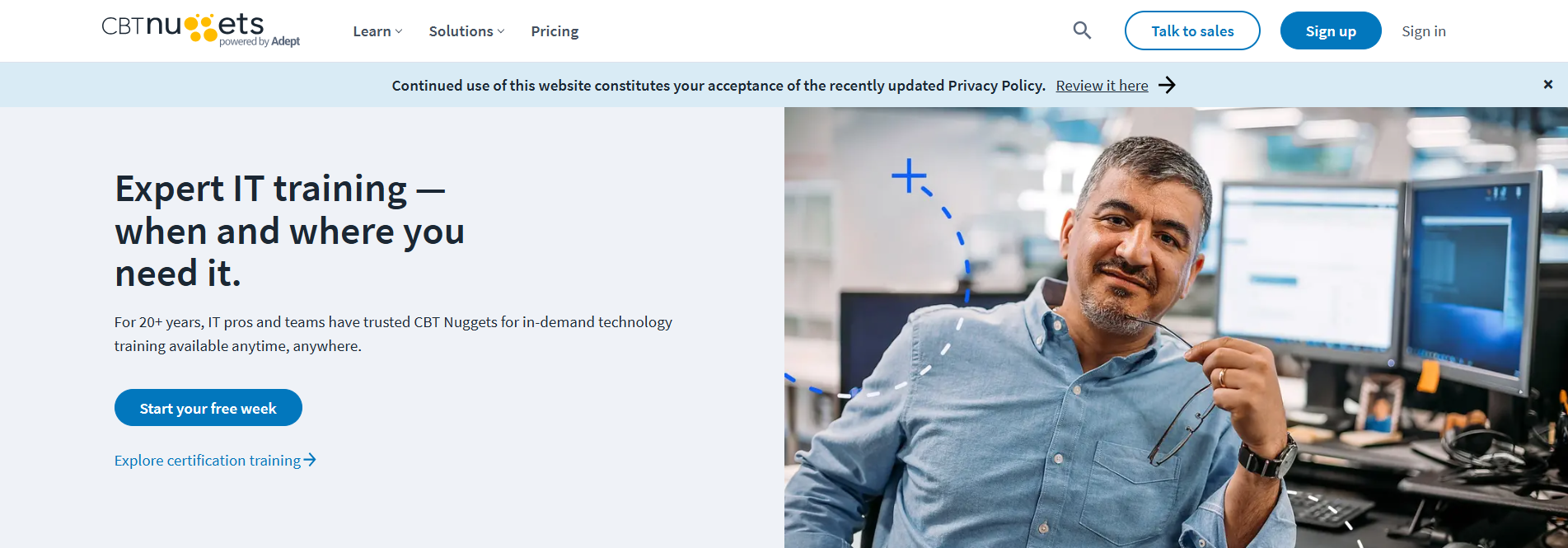 Homepage of an IT training platform featuring certification courses, on-demand technical learning, and skills development for IT professionals and enterprise teams.