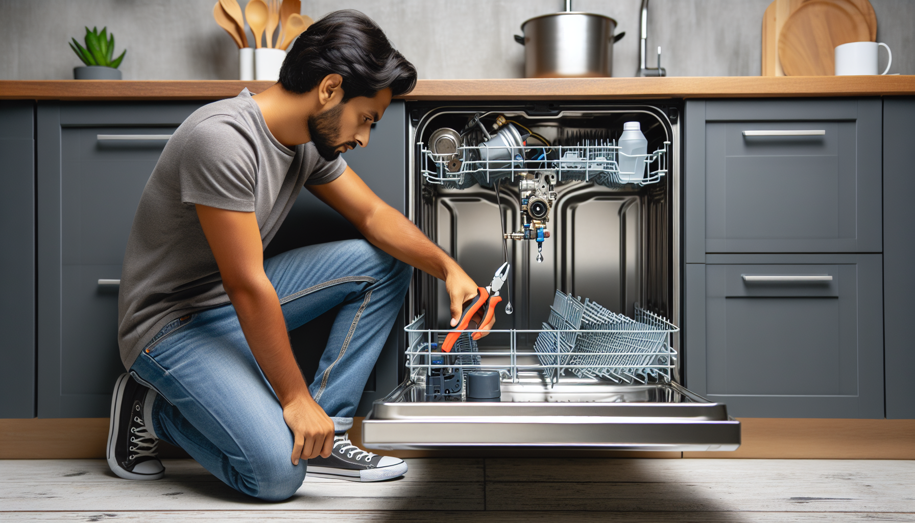 A technician performing maintenance on a dishwasher, highlighting the importance of proper appliance maintenance for water efficiency