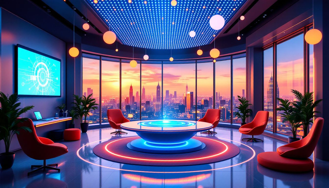 A futuristic workspace representing trends in business coaching.