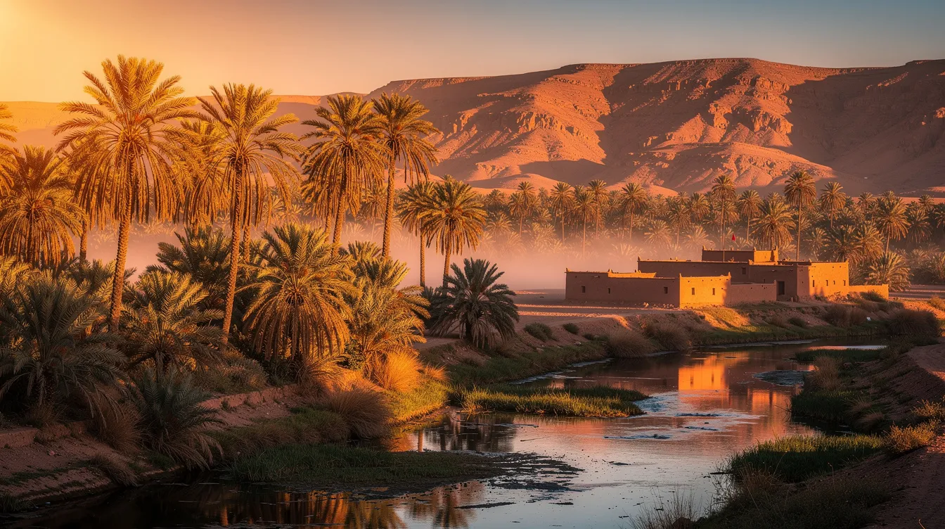 Atardecer sobre un valle de palmeras en un oasis marroquí.