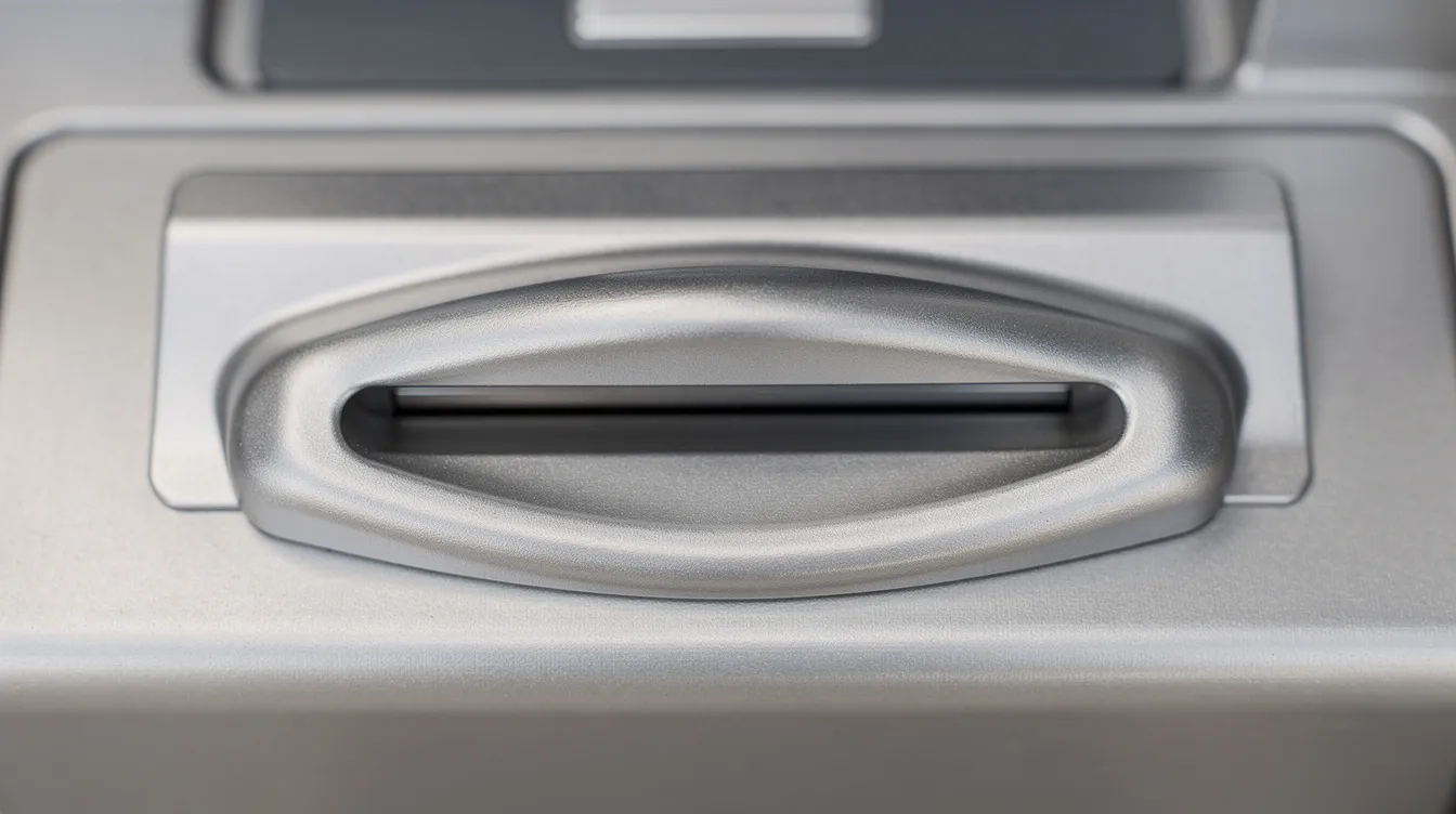 The image features a close-up view of an ATM card slot, highlighting a smooth metallic anti-skimming bezel designed to enhance ATM security and protect against fraudulent transactions. This advanced feature is part of modern ATMs' sophisticated technology aimed at safeguarding users' bank card data during financial transactions.