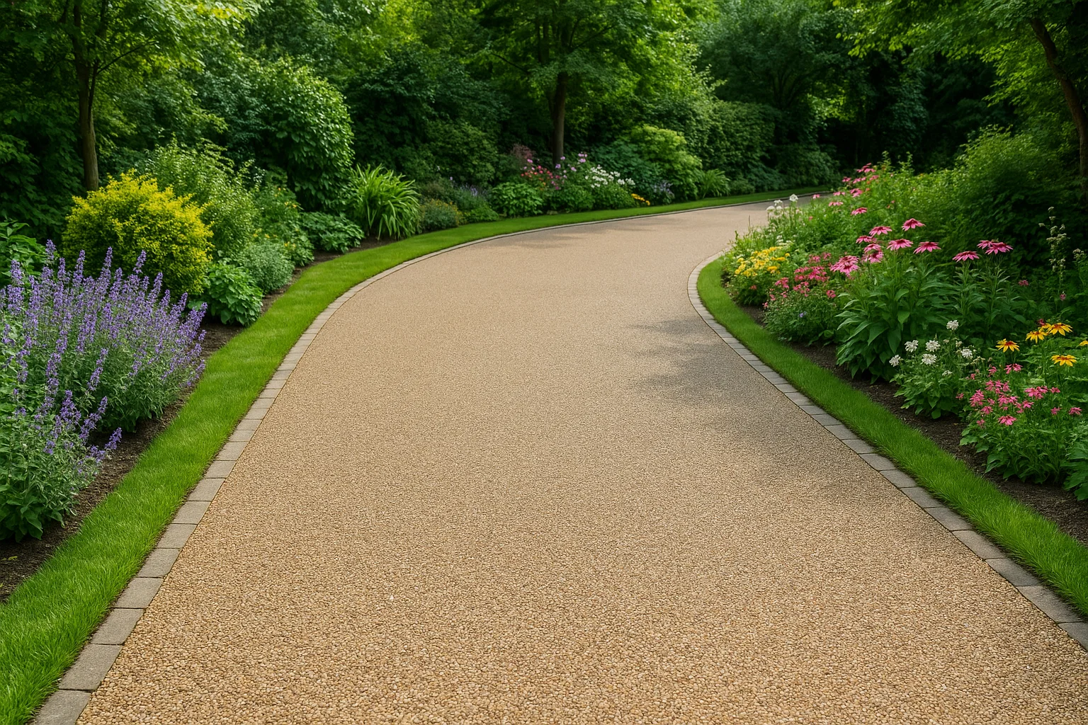 Eco-friendly resin driveway with water drainage and landscaped garden.