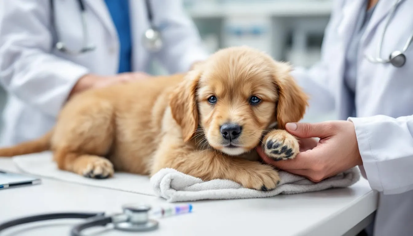 A mini goldendoodle is being examined by a veterinarian during a checkup, showcasing its curly coat and friendly demeanor. This affectionate family pet, known for being hypoallergenic, is receiving the proper care essential for its health and well-being.