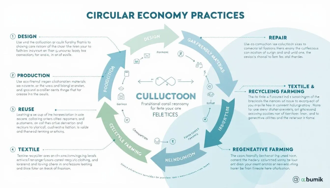 The image illustrates various circular economy practices in the fashion industry, showcasing sustainable fashion initiatives such as clothing rental services, textile recycling, and innovative business models aimed at minimizing waste and reducing the environmental impact of clothing production. It highlights the transition to a circular fashion system that emphasizes responsible consumption and the use of recycled materials to combat fast fashion and its associated greenhouse gas emissions.
