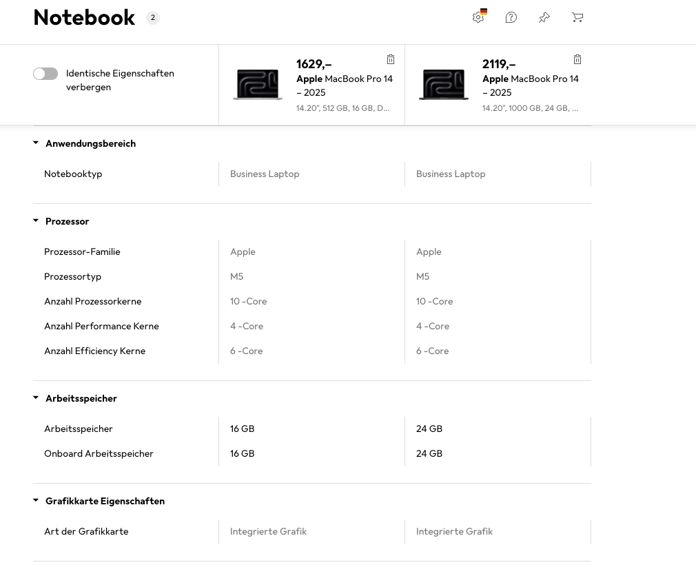 Produktvergleich erstellen: Nutze die Macht der Tabelle Bei galaxus.de können User gleiche Eigenschaften ausblenden.