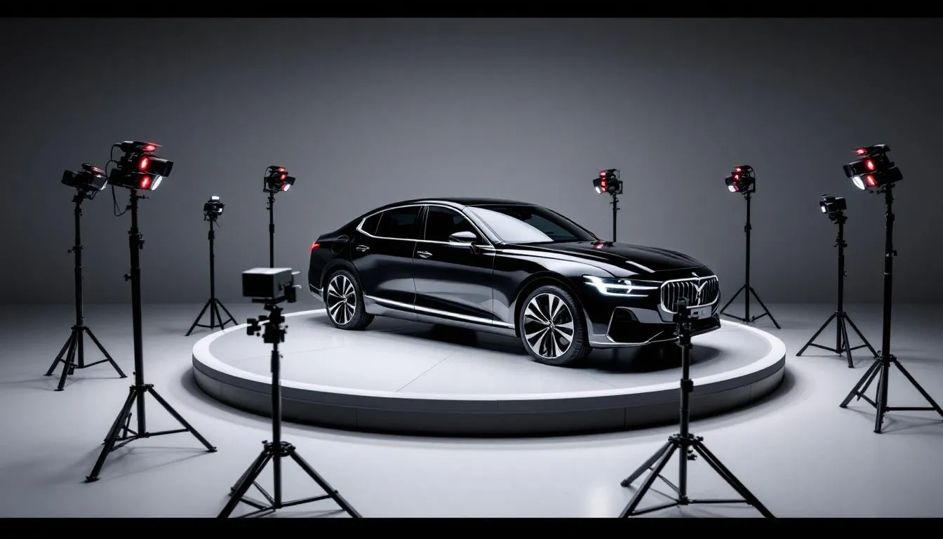 The image depicts a modern vehicle imaging setup, featuring a car positioned on a rotating platform surrounded by multiple cameras. This arrangement is designed to capture high-quality images from various angles, ensuring a comprehensive view of the vehicle for detailed inspections and analysis in the automotive industry.