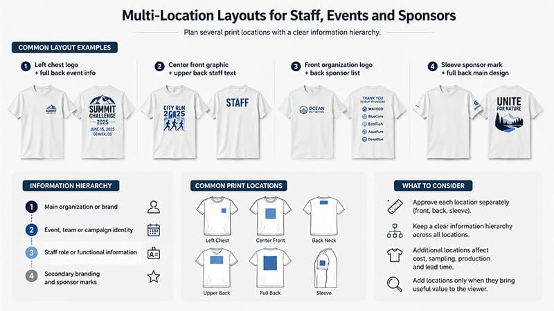 Multi-location T-shirt branding layouts for staff, events and sponsors