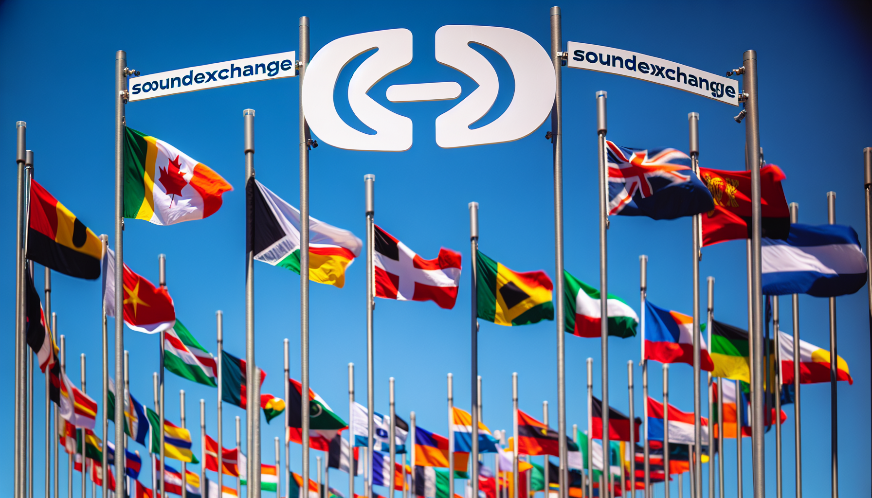 Global reach of SoundExchange with international flags