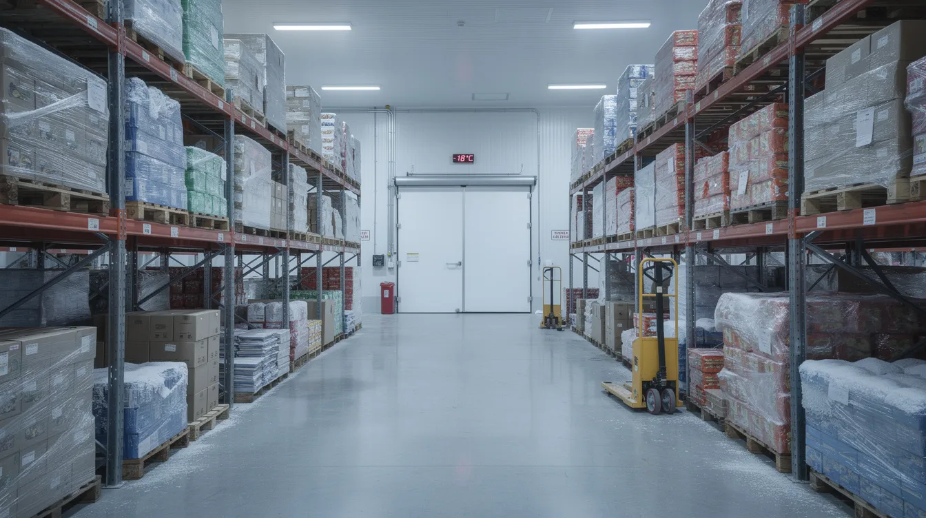 The image depicts a modern industrial cold storage room filled with stacked pallets of packaged food products, including cheddar cheese and other dairy items, showcasing the organized environment typical of a cheese manufacturing plant. The cool, controlled space is essential for preserving the quality and freshness of the processed cheese products stored within.