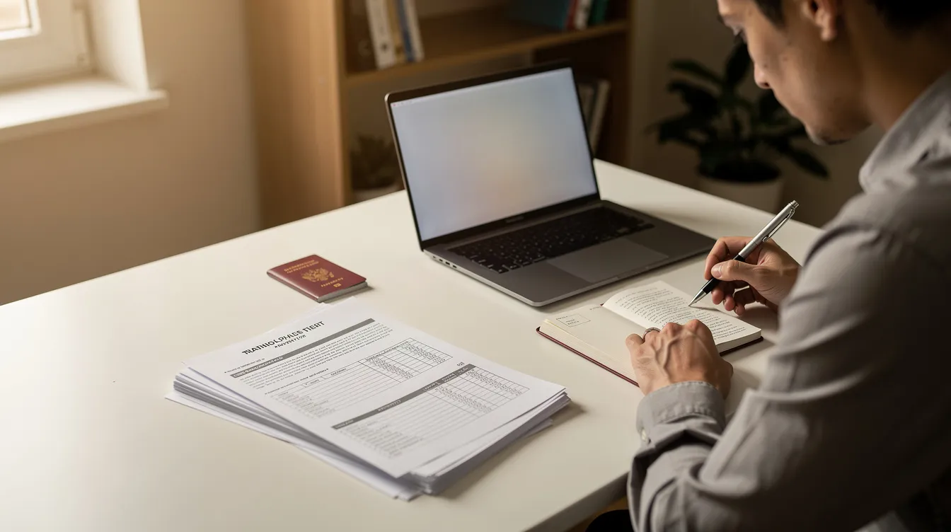 A person sits at a desk organizing a Schengen visa application, with an open passport, printed flight itinerary, hotel reservation confirmations, and a laptop displaying an embassy website. The scene shows the preparation of supporting documents for a short-stay Type C Schengen visa.