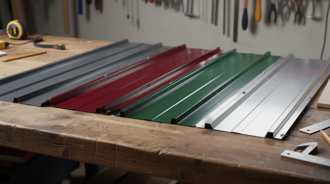 The image shows a variety of metal roofing panels in different colors and profiles neatly arranged on a workbench, showcasing materials that are durable and suitable for new roof installations. This selection highlights the diverse options available for metal roofing, which can affect the overall metal roof cost based on factors like color and profile type.