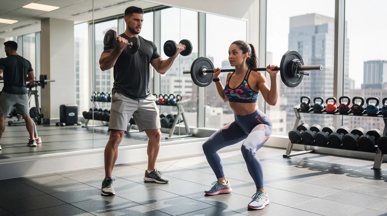 L'image montre un homme et une femme en pleine séance d'exercice dans une salle de sport moderne, mettant en avant leur musculature et leur engagement dans le sport. Ils s'entraînent ensemble, illustrant ainsi les bienfaits de l'activité physique sur la santé et le bien-être, tout en soulignant l'importance de la testostérone dans le développement musculaire.