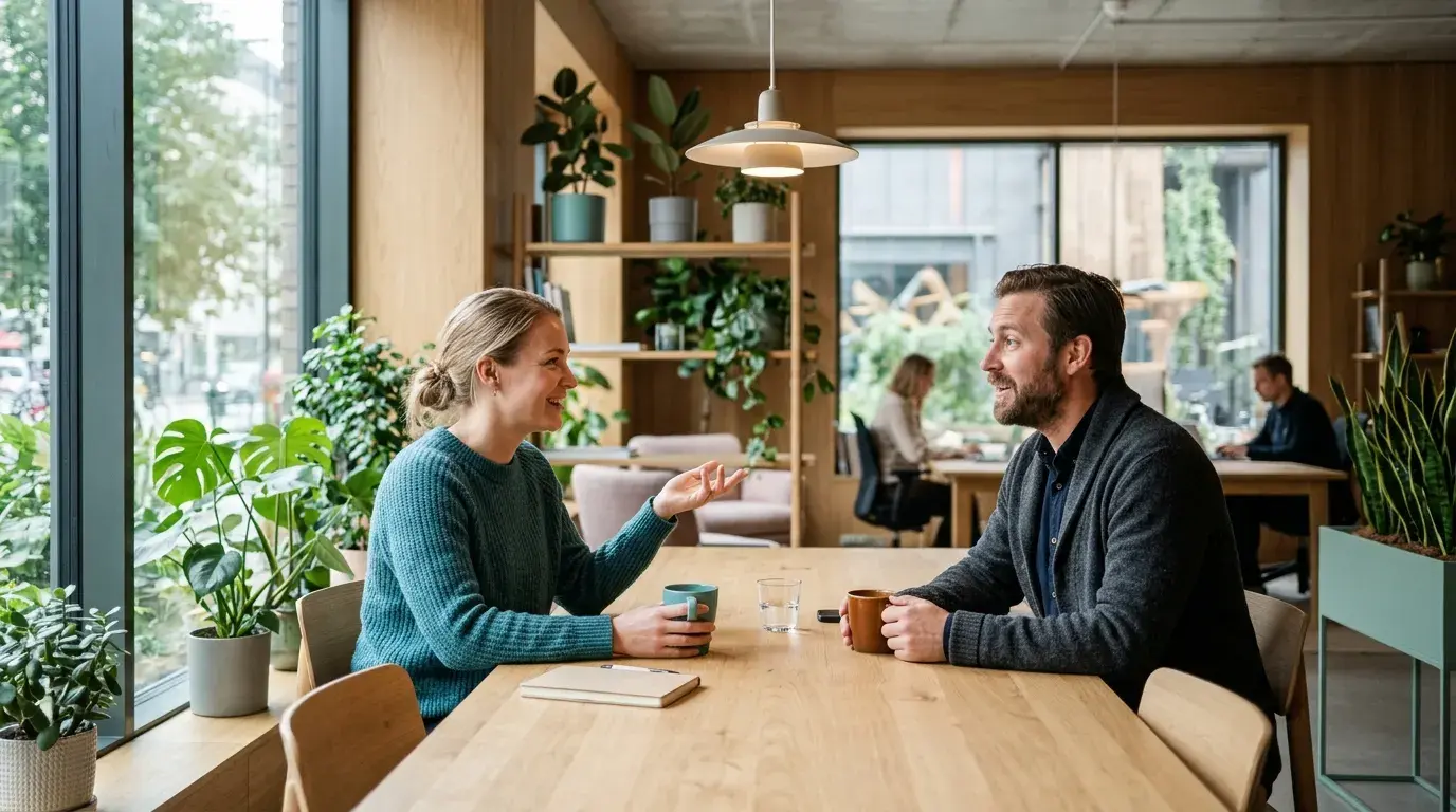 New employee and manager talking over coffee at a table in a bright Norwegian office