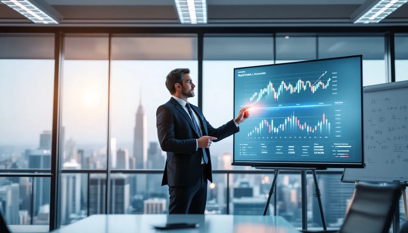 Um profissional está apresentando gráficos financeiros em um escritório moderno, destacando informações sobre o valor de mercado e as projeções econômico-financeiras de uma empresa. O ambiente é bem iluminado e organizado, com uma mesa de trabalho e telas exibindo dados relevantes sobre ativos intangíveis e avaliação de marcas.
