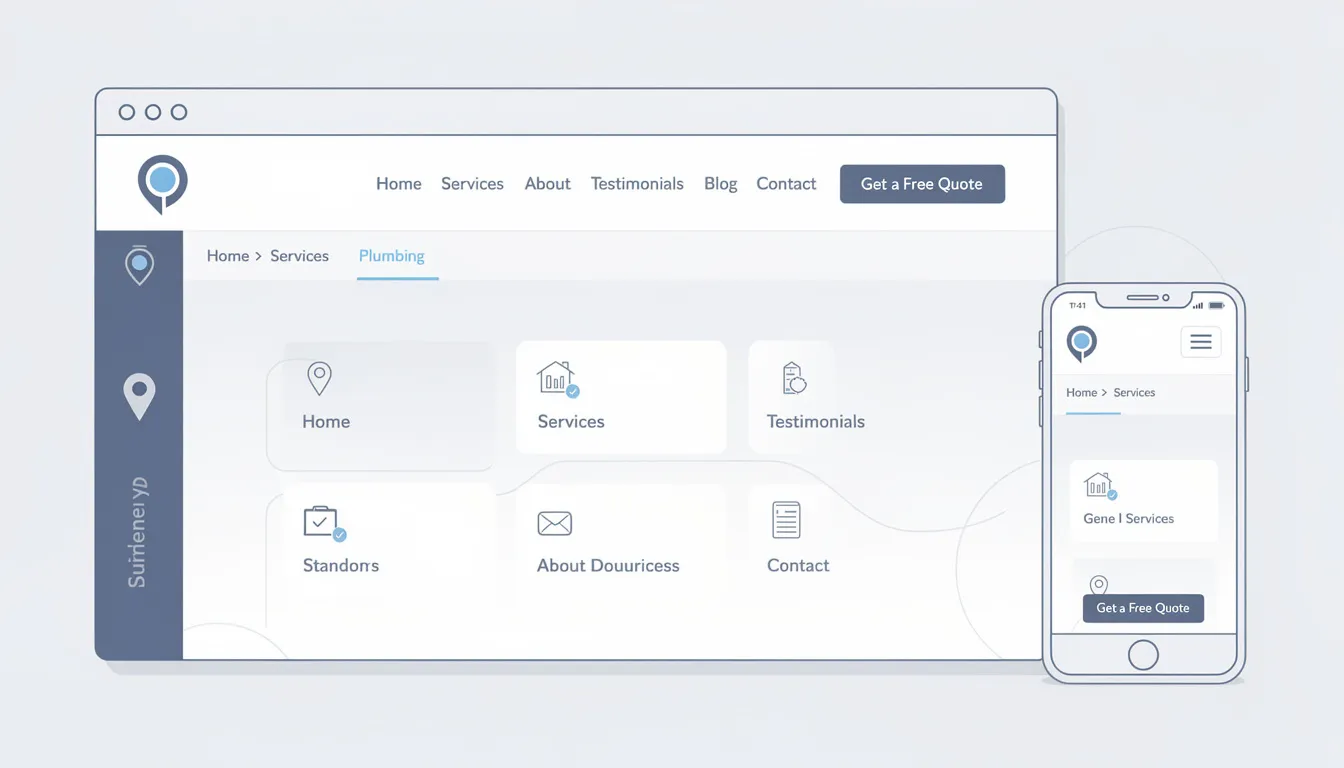 La imagen muestra una estructura de navegación limpia y organizada de un sitio web, diseñada específicamente para negocios locales. Se destacan elementos como enlaces a servicios, información de contacto y la optimización para motores de búsqueda, que facilitan a los usuarios encontrar lo que necesitan y mejorar la visibilidad en los resultados de búsqueda locales.