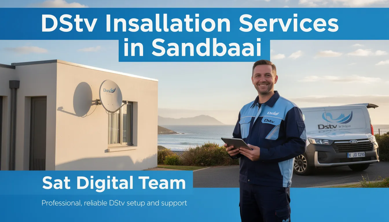 The image depicts a professional DStv installation service team from Sat Digital working in Sandbaai, showcasing their skilled technicians installing a satellite dish on a residential building. The scene emphasizes their commitment to providing top-notch DStv installation services, ensuring optimal signal quality and customer satisfaction.