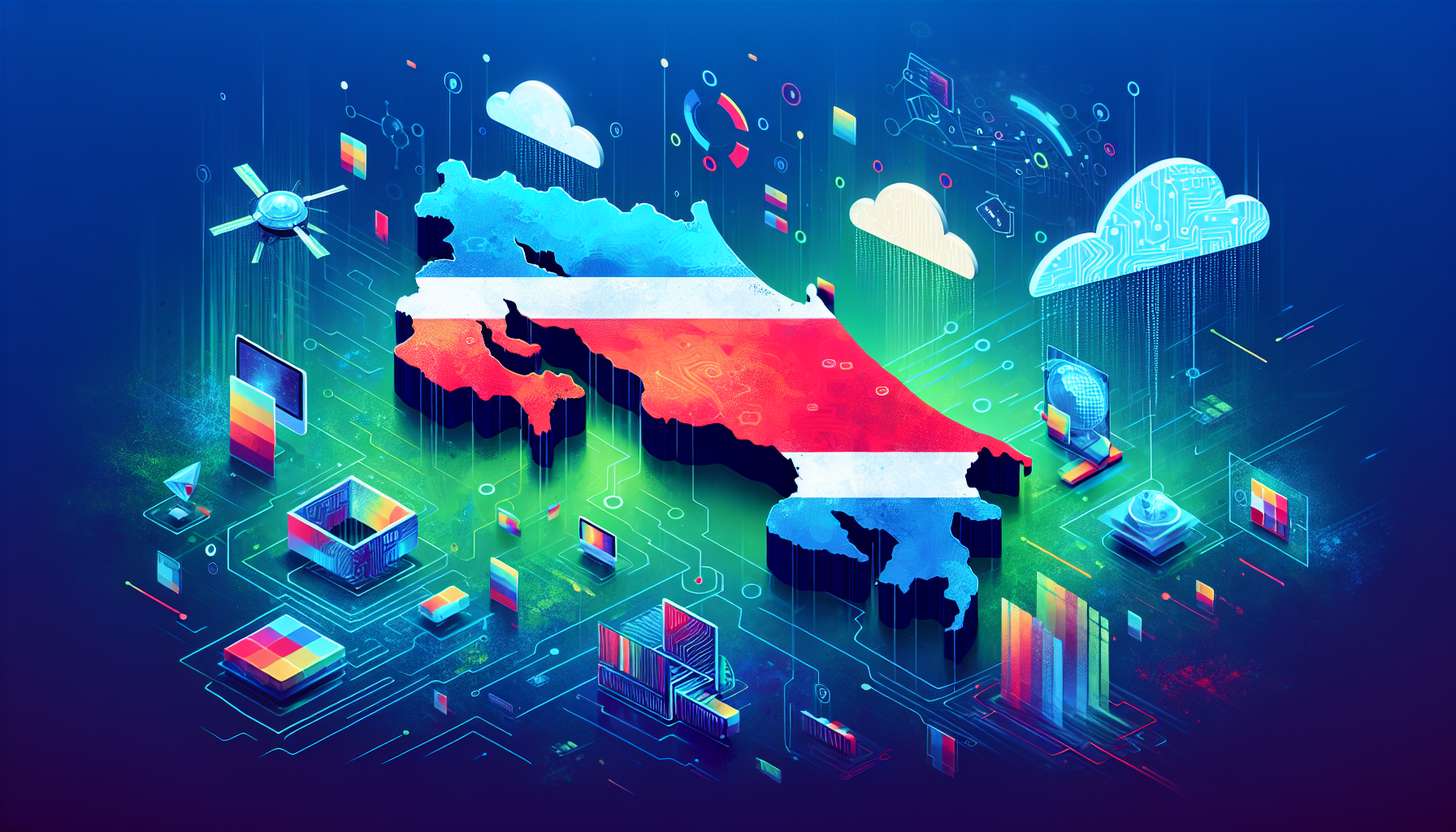 Illustration of Costa Rica and Panama highlighted on a map with technology symbols