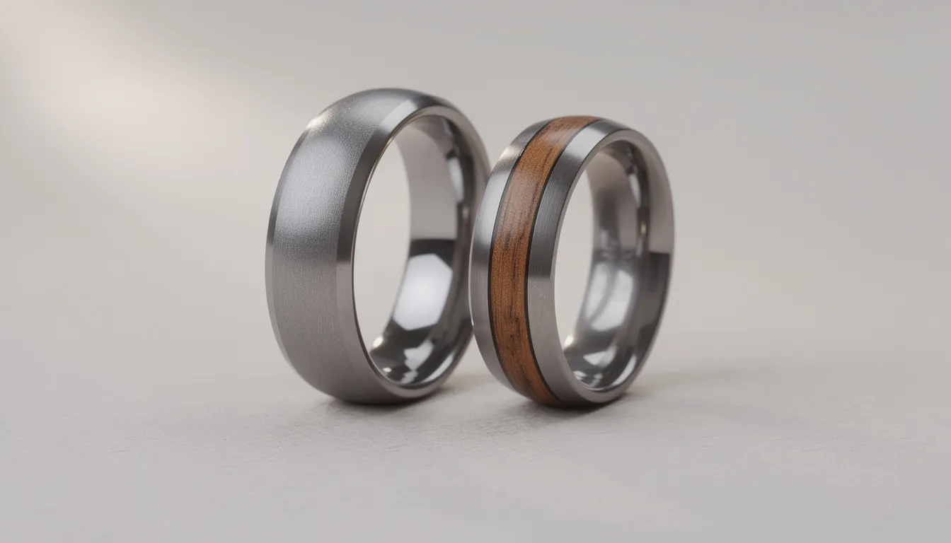 Obrączki tytanowe – nowoczesna alternatywa dla złota 13 Na zdjęciu znajdują się dwie obrączki tytanowe o różnych wykończeniach: jedna ma satynową powierzchnię, a druga ozdobiona jest elementem drewna, co nadaje jej nowoczesny wygląd. Te wyjątkowe obrączki ślubne charakteryzują się trwałością i odpornością na uszkodzenia, idealnie łącząc estetykę z funkcjonalnością.