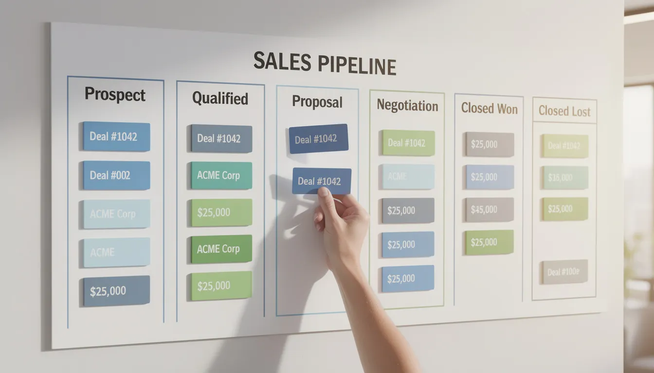 Comparing CRM Platforms For New Startups Step By Step 1 The image depicts a visual pipeline board illustrating various deal stages, with cards being actively moved between columns, representing the sales process. This visual sales pipeline is a key tool for sales and marketing teams to manage customer relationships and track customer interactions efficiently.
