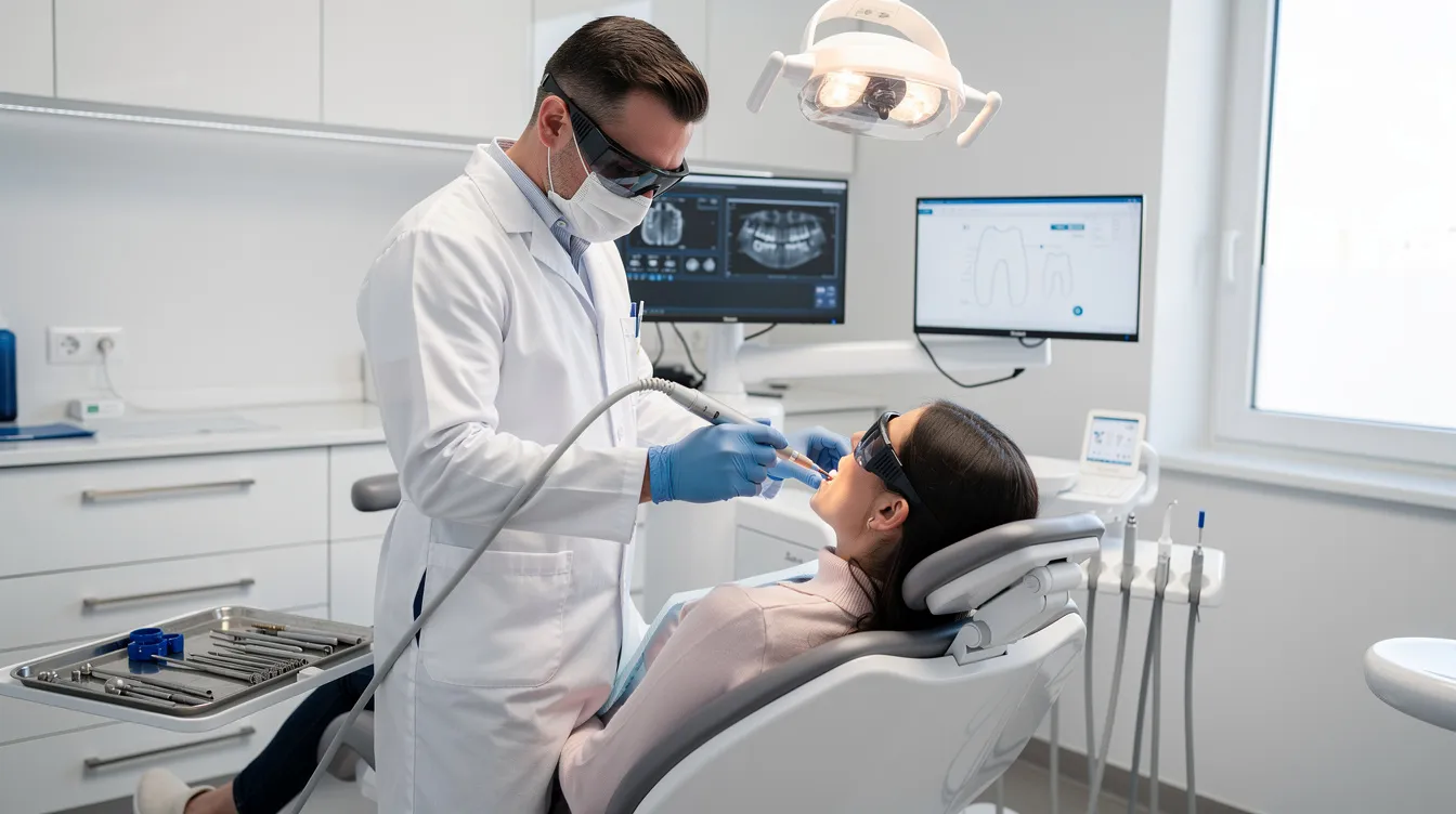 A dental professional is performing a laser gum contouring procedure on a patient in a bright, modern dental office, aiming to correct excessive gum tissue for a more balanced smile. The use of dental lasers ensures a minimally invasive treatment with minimal bleeding, enhancing the patient's overall appearance and confidence in their smile.