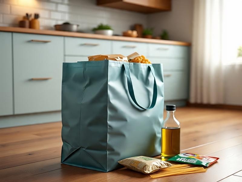 An image showing a blue nylon shopping bag with groceries in a kitchen, with olive oil, and food packets placed on the floor.