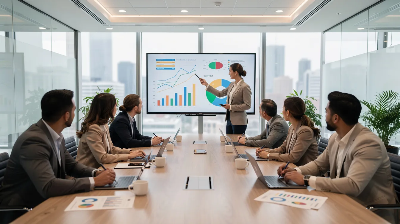 Un equipo empresarial se encuentra reunido en una moderna sala de reuniones, analizando con atención los cuadros y gráficos que se muestran en una gran pantalla, que probablemente representan indicadores clave para medir el valor de la marca, su rendimiento y la fidelidad de los clientes. El ambiente sugiere un enfoque centrado en la estrategia de marca y en la creación de un sólido valor de marca a través de una toma de decisiones fundamentada.
