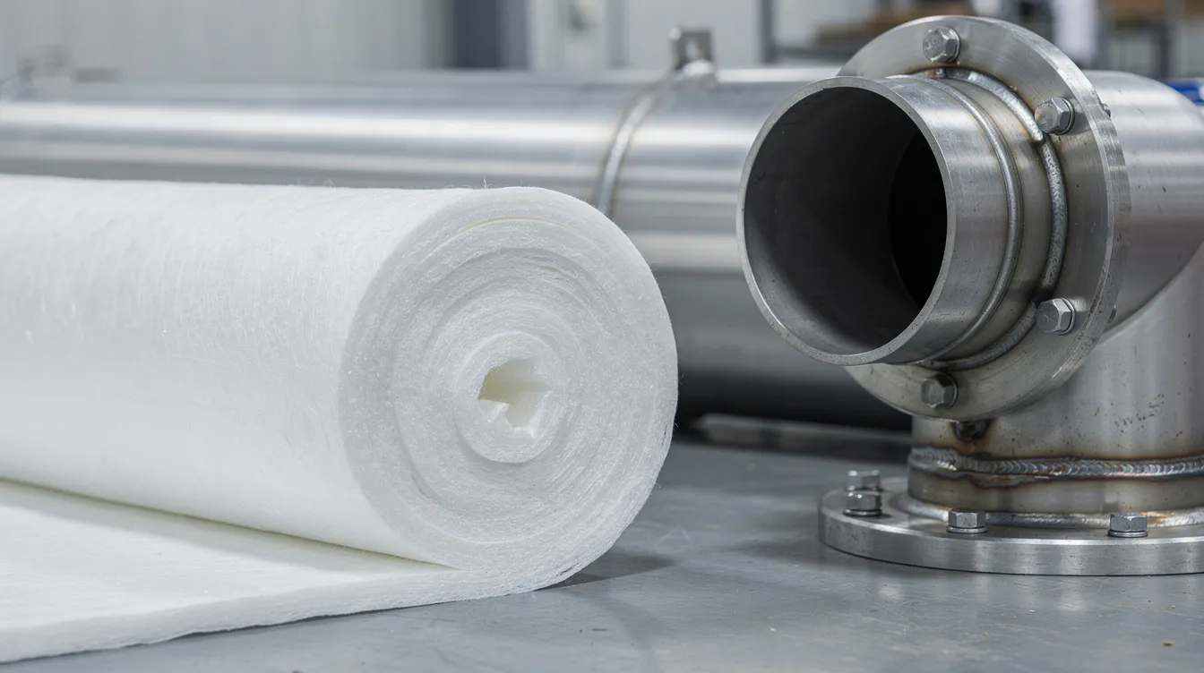 Een rol aerogel isolatie deken ligt naast industriële uitlaatcomponenten, waarbij de lage thermische geleidbaarheid van het isolatiemateriaal zorgt voor optimale bescherming tegen hoge temperaturen. De flexibele structuur van de aerogel maakt het ideaal voor diverse toepassingen in beperkte ruimtes.