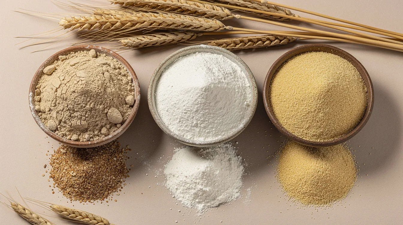 The image displays various types of wheat flour products, including atta, maida, and suji, arranged in separate bowls alongside wheat stalks. This visually represents the raw materials involved in the flour milling process, highlighting the diversity of milled products derived from wheat.
