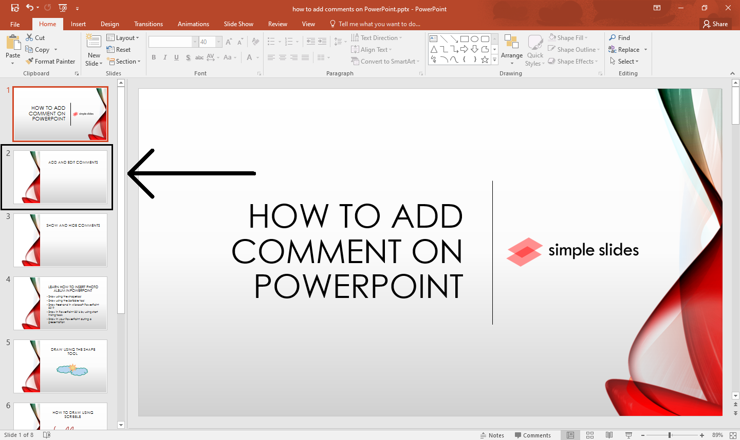Select a PowerPoint slide where you want top add a comment