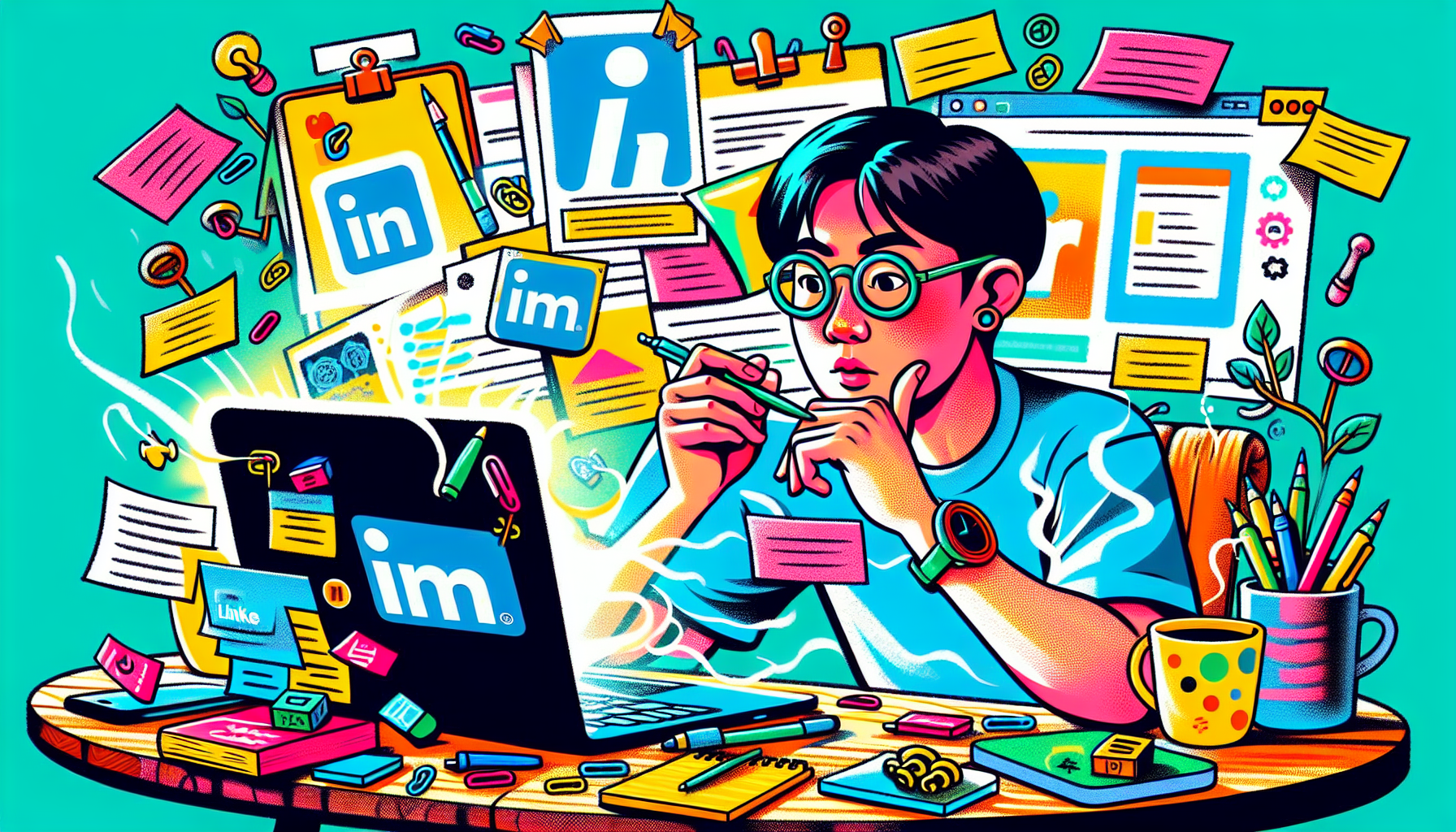 An illustration showing the LinkedIn logo and a person starting to write an article on LinkedIn.