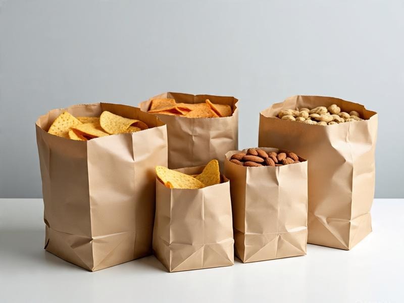 Five brown paper bags filled with snacks like chips, almonds, and peanuts placed on a white table.