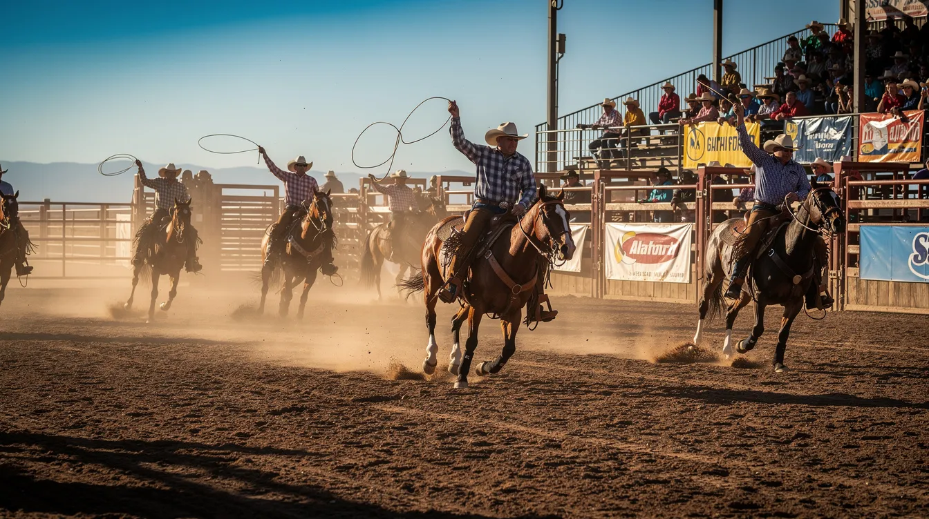 The image depicts a wide shot of a rodeo arena filled with authentic cowboys on horseback, showcasing their skills during an exciting competition. The scene captures the cowboy lifestyle, blending the thrill of rodeo with the community spirit often celebrated in country music and cowboy dating platforms.