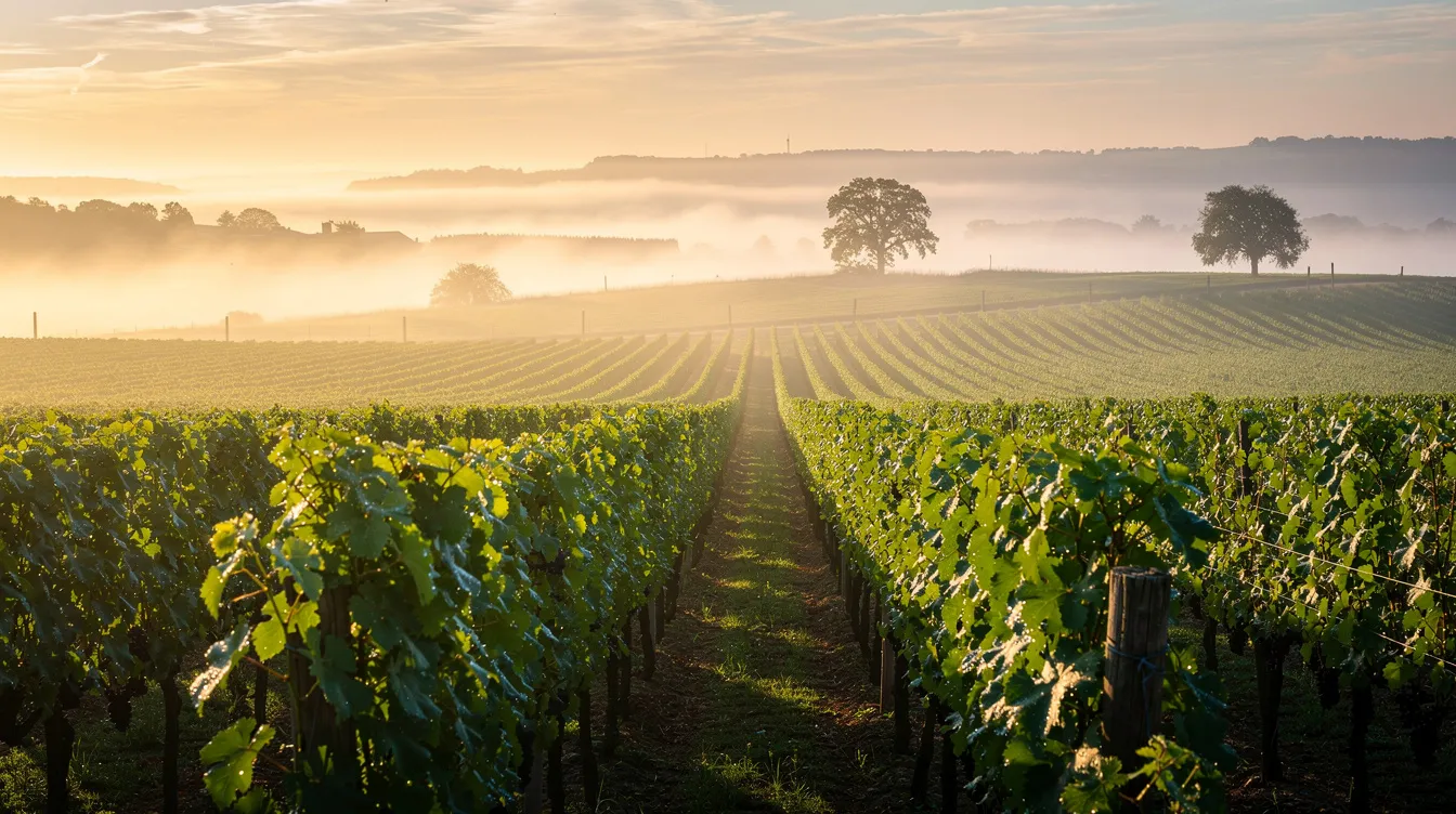 At dawn, rows of lush green grapevines in a vineyard are shrouded in morning mist, with a warm golden sky illuminating the scene, signaling the beginning of the wine harvest season in Napa Valley. This picturesque view captures the beauty of wine country, where grape growers prepare for the fruitful season ahead.