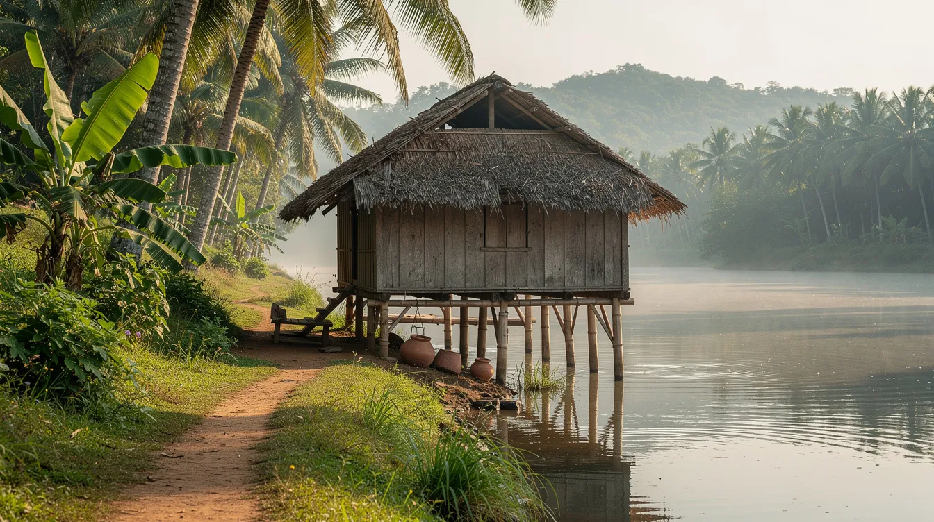 The image depicts a traditional Assamese stilted house situated by a serene river, surrounded by lush tropical greenery, showcasing the rich cultural heritage of Assam. This picturesque setting highlights the potential for successful tourism businesses and local ventures that leverage the region's natural beauty and unique environment.