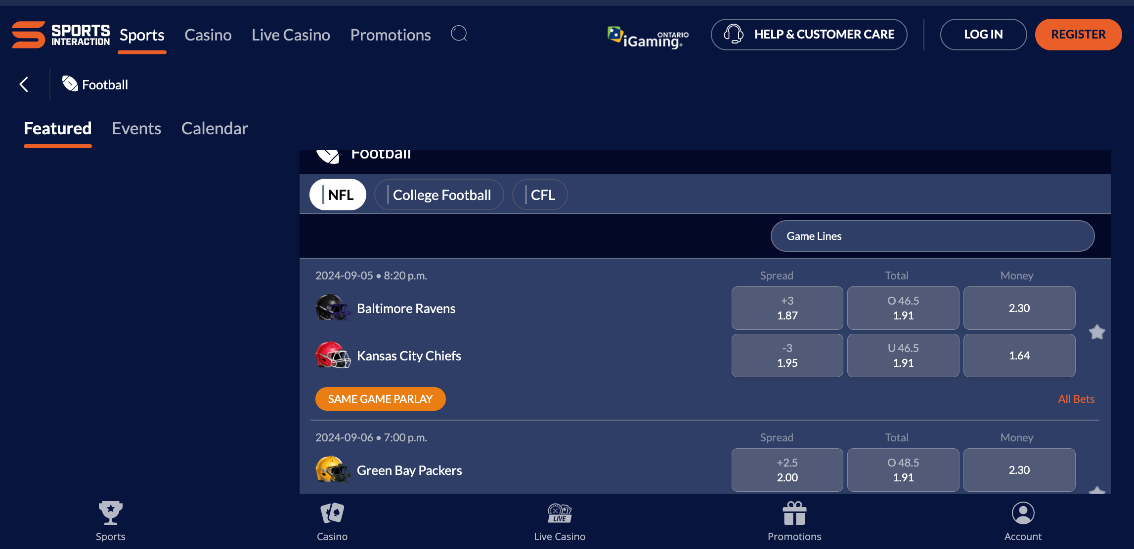 A desktop view of SIA's NFL offerings in Canada.