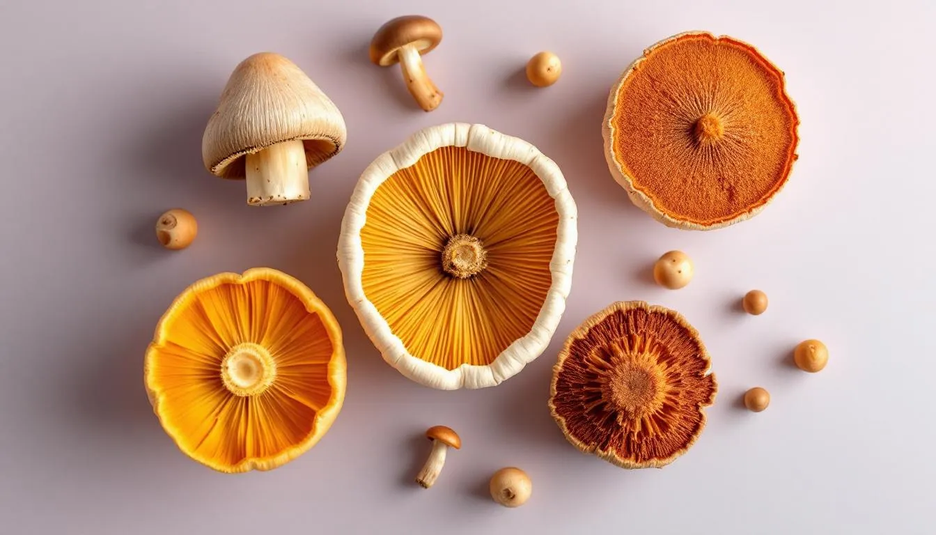 A close-up of various functional mushrooms used in supplements.